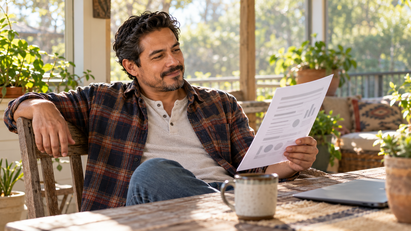 Small business owner on a sunlit porch reading a printed one-page comparison sheet, laptop closed