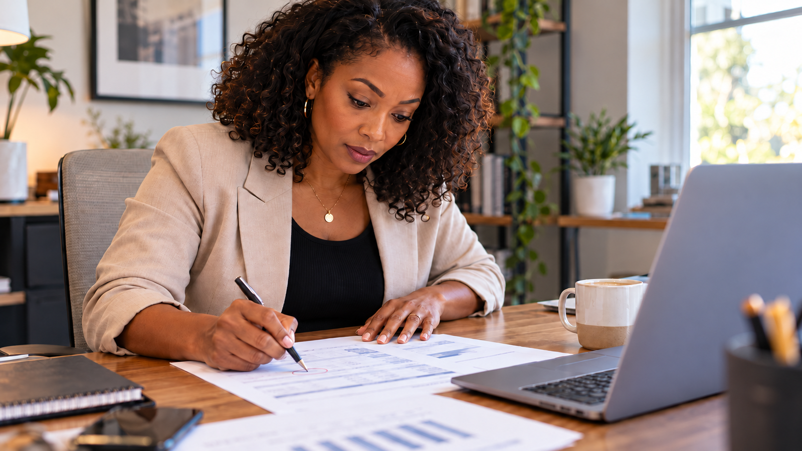 Business owner at her desk circling a line on a printed Google Local Services Ads billing statement