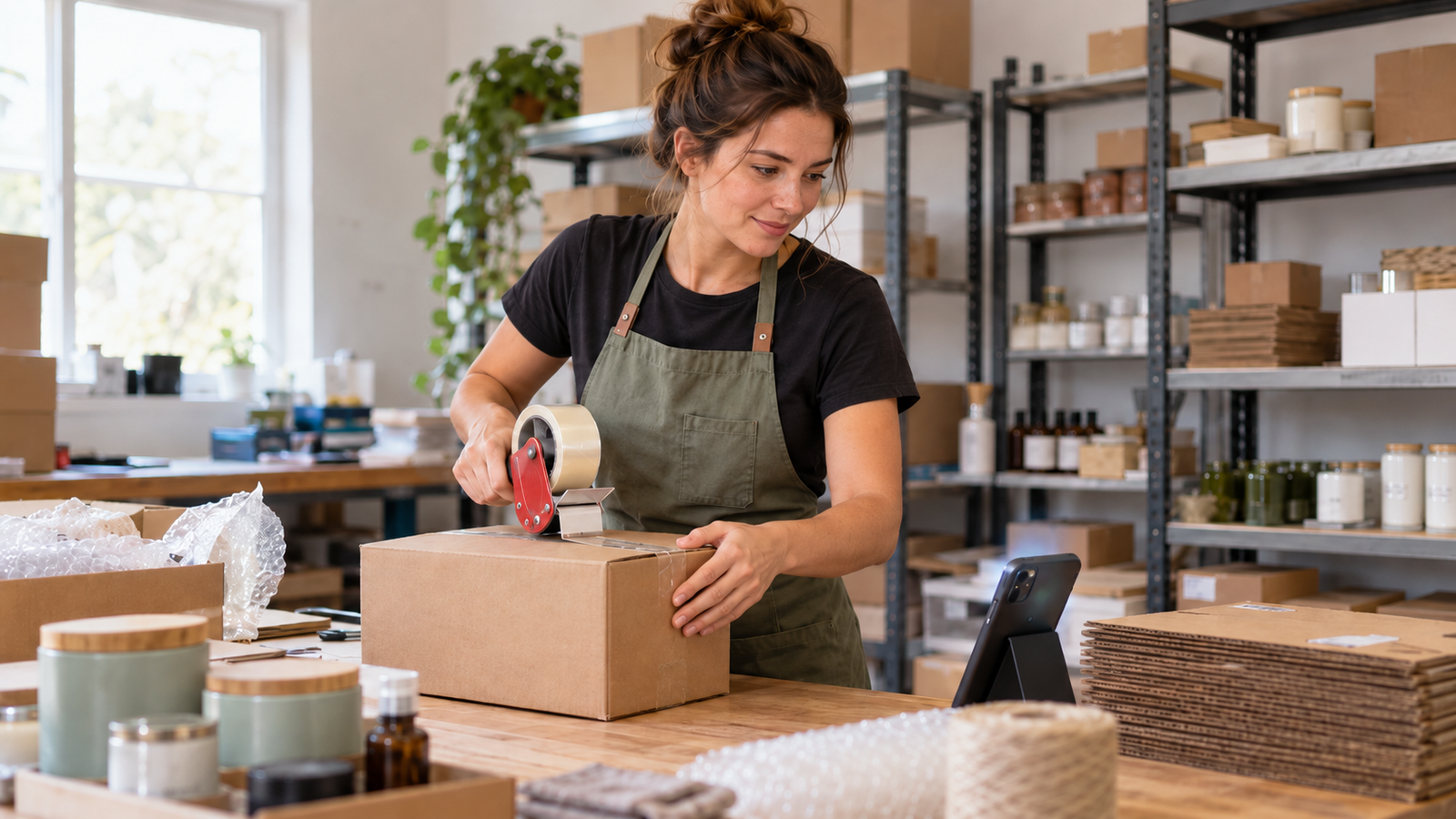 Small business owner taping a shipping box at a packing table while checking her phone